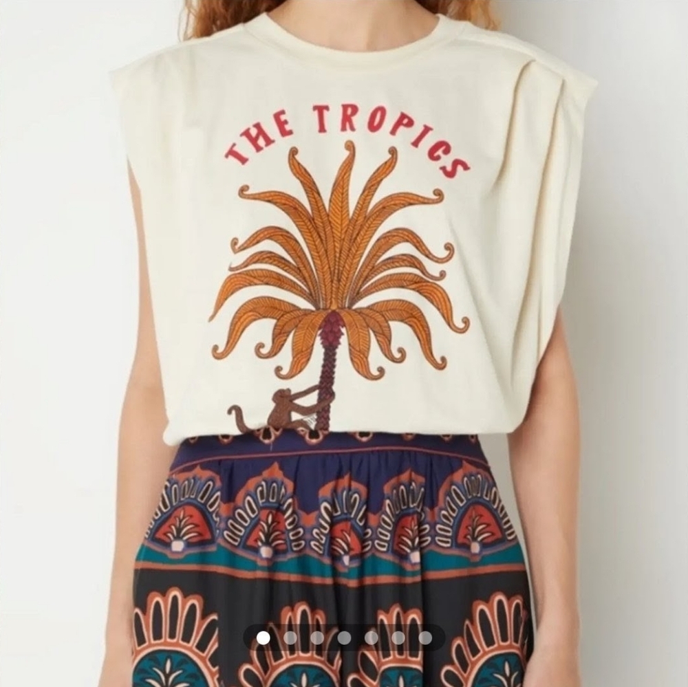 FARM RIO The Tropic Pleated Cream Brown Monkey Palm Cap Sleeve Top New XXS - Picture 4 of 8